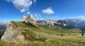 Stunning natural landscape of the grassland mountains of Seceda, Italy.