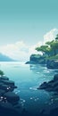 Tranquil Cove: Minimalistic Cartoon River And Waterfall Wallpaper