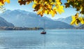 Stunning Nature Landscape. Wonderful Sunny day in Autumn. Panoramic view of beautiful mountain landscape in Alps with Royalty Free Stock Photo