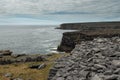 Stunning nature scenery of Aran island, county Galway, Ireland. Cliffs coast line and dry stone fences and blue cloudy sky. Warm