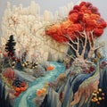 Colorful Woodcarving Inspired Textile Art With River, Trees, And Wool