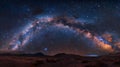 Starry Night Sky Over Desert Landscape with Milky Way Galaxy Arching Horizon, Cosmos Above Earth Royalty Free Stock Photo