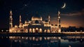Stunning night view of a grand mosque with lights and Eid Mubarak typography Royalty Free Stock Photo