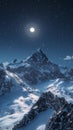 A stunning night view of a snow-draped mountain summit bathed in the light of a full moon, with a sea of stars overhead. Royalty Free Stock Photo