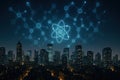 A Stunning Nighttime Cityscape with a Digital Atom and Molecular Structure Overhead Royalty Free Stock Photo