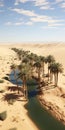 Stunning Oasis Landscape: Palm Trees, Desert Mountains, And River Royalty Free Stock Photo