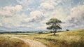 English Countryside Landscape Painting With Tree, Road, And Clouds Royalty Free Stock Photo