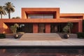 Stunning Orange Modern Villa Entrance with Reflection Pool
