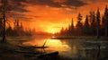 Realistic Painting Of Orange Sunset Over Peaceful Forest