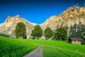 Stunning orderly green field with high snowy mountains, Grindelwald, Switzerland Royalty Free Stock Photo