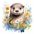 Wild Animal Otter Watercolor Illustration With Strong Facial Expression