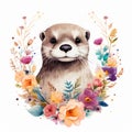 Cute Watercolor Otter Portrait With Floral Accents