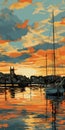 Sunset Sailboat In Dutch Landscape: Oil Painting On Canvas