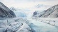 Hyperrealistic Watercolor Painting: Serene River Near Glacier