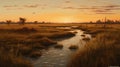 Golden Hour Painting Of A Dry River In Dry Marshes