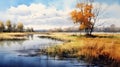 Painting Fall With Marshes, Trees And Birds In Photo-realistic Watercolor Royalty Free Stock Photo