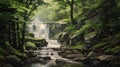 Painting Of Waterfall And Rocks In Forest In The Style Of Rob Hefferan And Paul Corfield