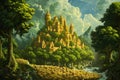 This stunning painting captures the image of a grand medieval castle standing proudly in the heart of a vibrant forest, A magical