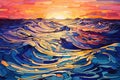 This stunning painting captures the serene beauty of a sunset casting its warm glow over the vast ocean, Reflection of a vibrant Royalty Free Stock Photo