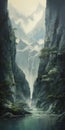 Majestic Waterfall: A Stunning Painting Of Mountains And A Waterfall