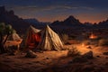 A stunning painting capturing the beauty of a lone tent under the vast desert sky, Tent encampment in a desert environment, AI