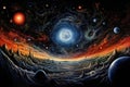 A stunning painting capturing the beauty of outer space, showcasing planets and stars in a mesmerizing composition, Depiction of