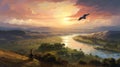 Bucolic Landscapes: A Majestic Bird Soaring Above A Golden River
