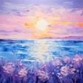 Lavender Symbolism: Abstract Seascape Painting Of Flowers In The Sea At Sunset