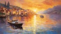 Captivating Harbor Views: A Romantic Painting Of A Waterfront Town