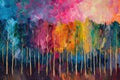A stunning painting capturing the beauty and vividness of a forest, filled with an abundance of colorful trees, A forest of