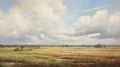 Mature Pasture Oil Painting: Expansive Dutch Seascapes In Light Gold And Cyan