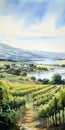 Transcendent Watercolor: Vineyard And Lake In Phil Noto Style Royalty Free Stock Photo