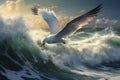 A stunning painting capturing the grace and serenity of a seagull in flight over a rolling ocean wave, Two albatrosses gliding