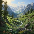 Intricate And Whimsical Painting Of Swiss Valley And Mountain Range