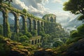 A stunning painting capturing a majestic mountain landscape adorned with beautiful arches, An ancient aqueduct in a lush landscape