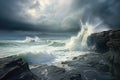 A stunning painting capturing the power of an ocean wave as it collides with a rugged shoreline., A seascape on a cloudy day with
