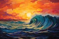 A stunning painting capturing the serene beauty of a sunset over the ocean, Reflection of a vibrant sunset onto an abstract, Royalty Free Stock Photo