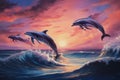 A stunning painting capturing three dolphins as they gracefully leap out of the water, A pod of dolphins joyfully leaping over