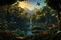 A stunning painting depicting birds soaring over a vibrant jungle landscape with a majestic waterfall, A rainforest teeming with