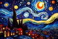 A stunning painting depicting a night sky filled with countless stars and a bright, full moon shining brightly, Starry night meets Royalty Free Stock Photo