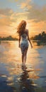 Captivating Painting Of A Woman Walking Along The Water At Sunset