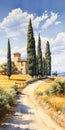 Old Italian Countryside Painting In The Style Of Steve Sack And Tamura Yoshiyasu