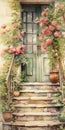 Watercolor Painting of Steps to Black Door with Roses