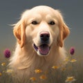 colorful golden retriever with flowers