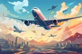 A stunning painting featuring an airplane soaring through the city, blending urban architecture with the beauty of flight,