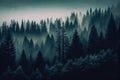 Pine forest, painting, mountainside, fog, hazy, trees, wilderness, woods, dark, wallpaper, background, generative ai