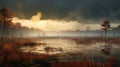 Mystical Marshes: Vray Tracing And Avian-themed Dark Amber Landscapes