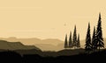 Stunning Panorama of silhouettes of mountains and pine trees in the morning. Vector illustration