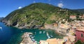 Stunning panorama of Vernazza bay and coast, Cinque Terre National Park, Liguria, Italy, Europe