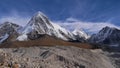 Stunning panorama view of mighty snow-capped mountain Pumori with Kala Patthar below and famous Khumbu glacier, Nepal.